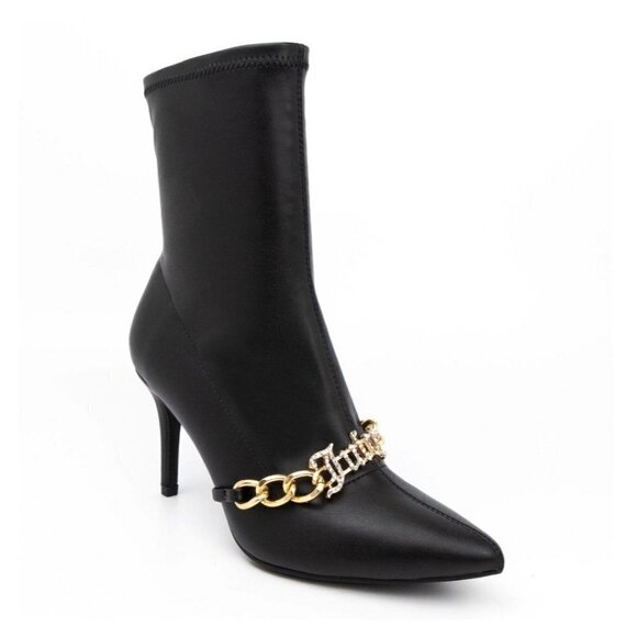 Juicy Couture Women's Black Vegan Leather Tommi High Heel Chain Ankle Boots 8.5 - Picture 1 of 10